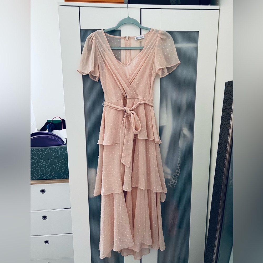 Calvin Klein Blush Pink Tiered Wrap Midi Dress - Picture 3 of 9